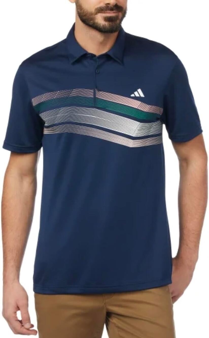 Adidas Navy Blue Core Chest Stripe Wave Short Sleeve Polo Shirt XL Golf Sporty